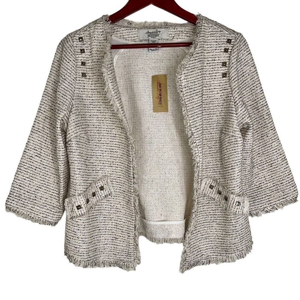 American Rag Women’s Neutral Tweed‎ Blazer w Metal Studs Medium Preppy Chic NWT
